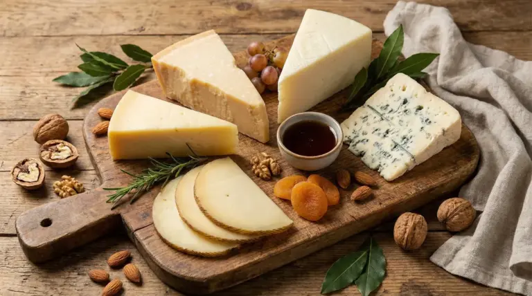 Tagliere con diversi formaggi stagionati e erborinato, frutta secca, uva e miele su tavolo di legno