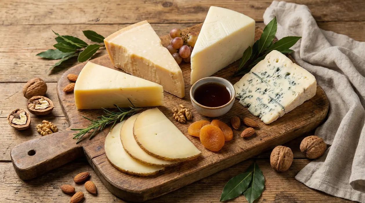 Tagliere con diversi formaggi stagionati e erborinato, frutta secca, uva e miele su tavolo di legno