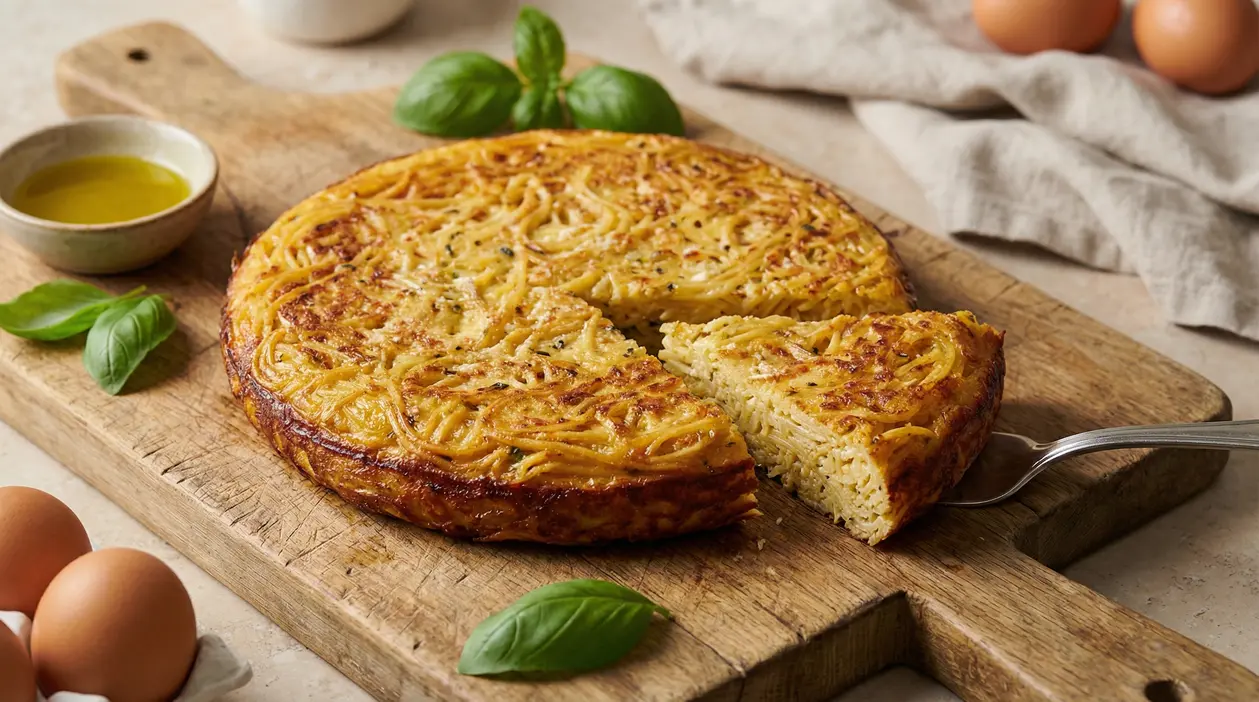 Frittata di spaghetti napoletana dorata su tagliere di legno, con una fetta tagliata e basilico fresco