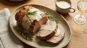 Arrosto di vitello al latte affettato con salsa cremosa e rosmarino su piatto ovale, con caraffa di salsa e bicchiere di vino