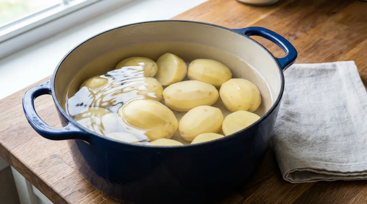 Patate pelate immerse in acqua fredda in una pentola sul piano di lavoro in cucina